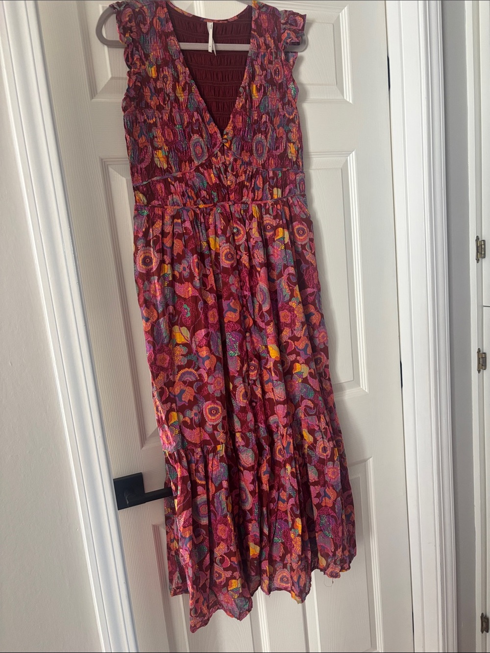 Anthropologie Burgundy Floral V-Neck Maxi Dress